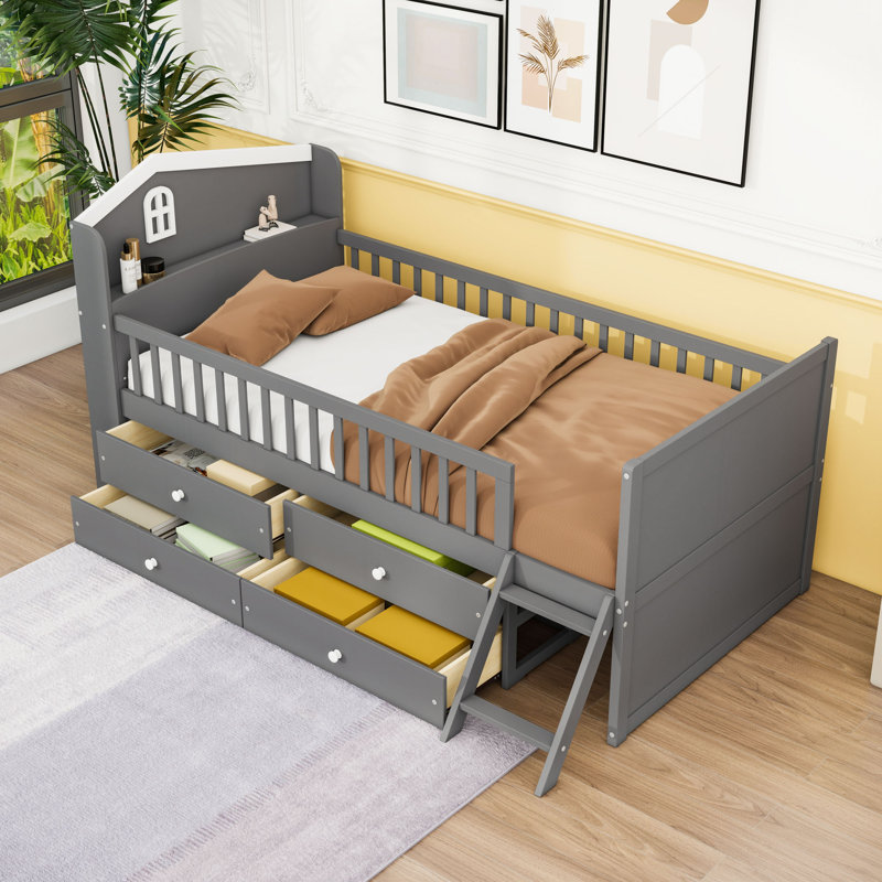 Lit plateforme simple avec 4 tiroirs et tête de lit avec rangement, gris