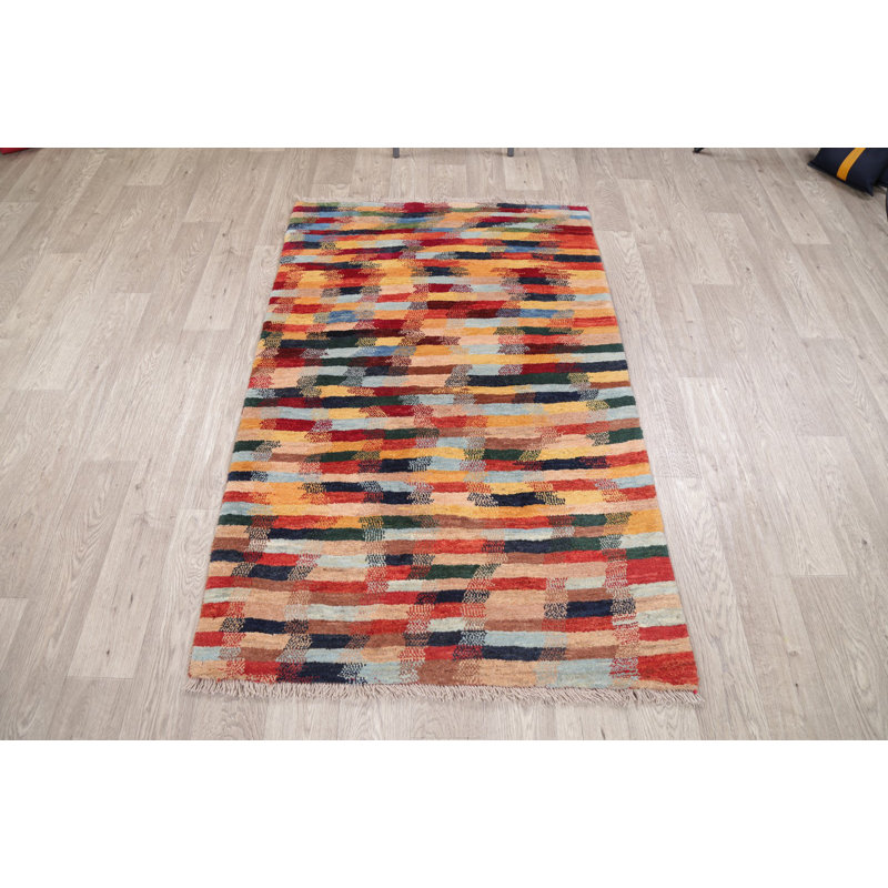 Tapis à main one-of-kind-noué la new age jaune 3 pi 5 po x 5 pi 4 po zone de laine