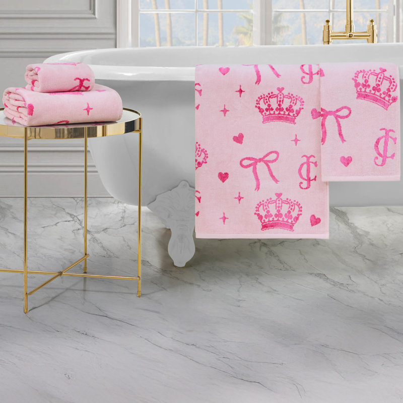 Juicy Couture Printed Jacquard Bath Towels, Bow Pink, 2-Bath Towels & 2-Hand Towels