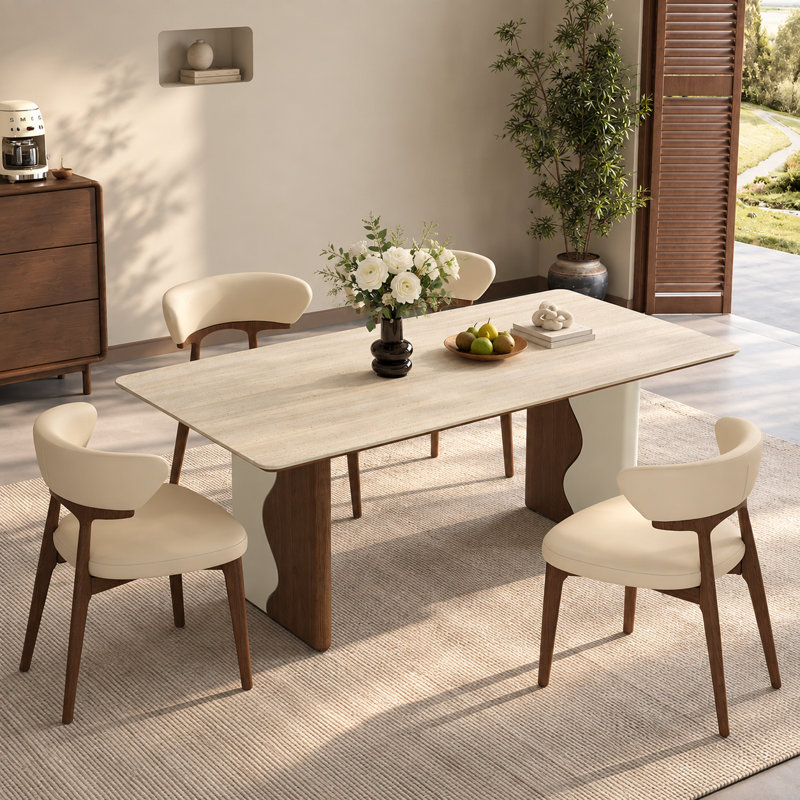 Table de salle à manger rectangulaire 63 po moderne pour 63 à 63 personnes, table de cuisine avec plateau en travertin et pieds uniques en deux couleurs, facile à assembler pour la salle à manger, la cuisine et le salon