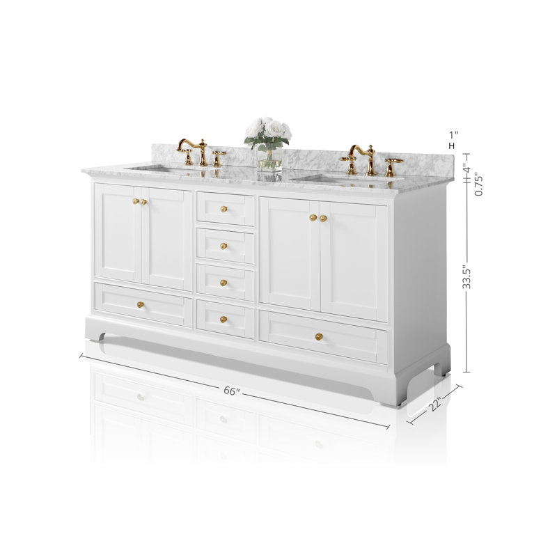 Audrey 66'' W Double Vanity, White | Brushed Gold, Carrara White