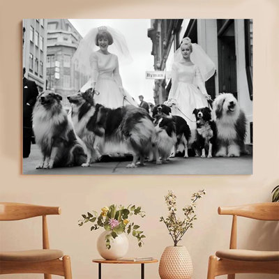 2D Flat, 1Pc Framed Canvas Wall Art, Two Brides, Collie and Border Collie, Vintage Fashion Photography Style Art Print Canvas Poster Painting Room Wall Decor, Ideal Gift For Bedroom Living Room Hallway Dorm, Ready To Hang