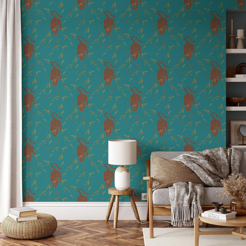Stalking Tiger - Wallpaper, Jewel, Faux Grasscloth, Non-Pasted