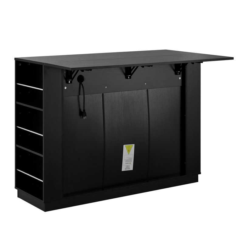 Îlot de cuisine à 2 portes pliable avec prise de courant et porte-verres à pied, Noir