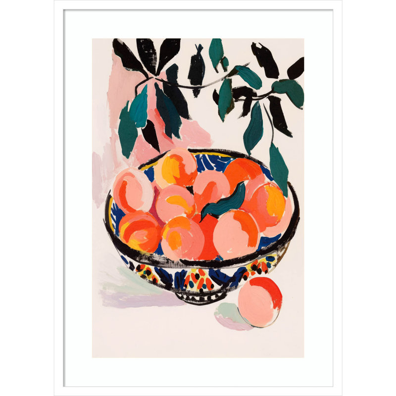 «Ottilie Fresh Peach Fruit Bowl» par Treechild, impression sur bois encadrée, Blanc, H 33 po x l 24 po