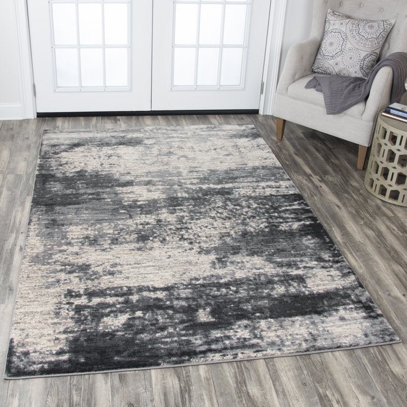 Tapis noir / gris foncé / beige tissé à la machine Jeffrey, Rectangle 5 pi 3 po x 7 pi 6 po