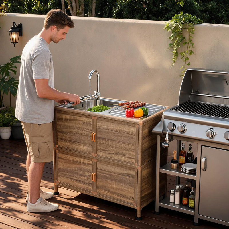 Station d'évier de cuisine autoportante avec armoire et robinet