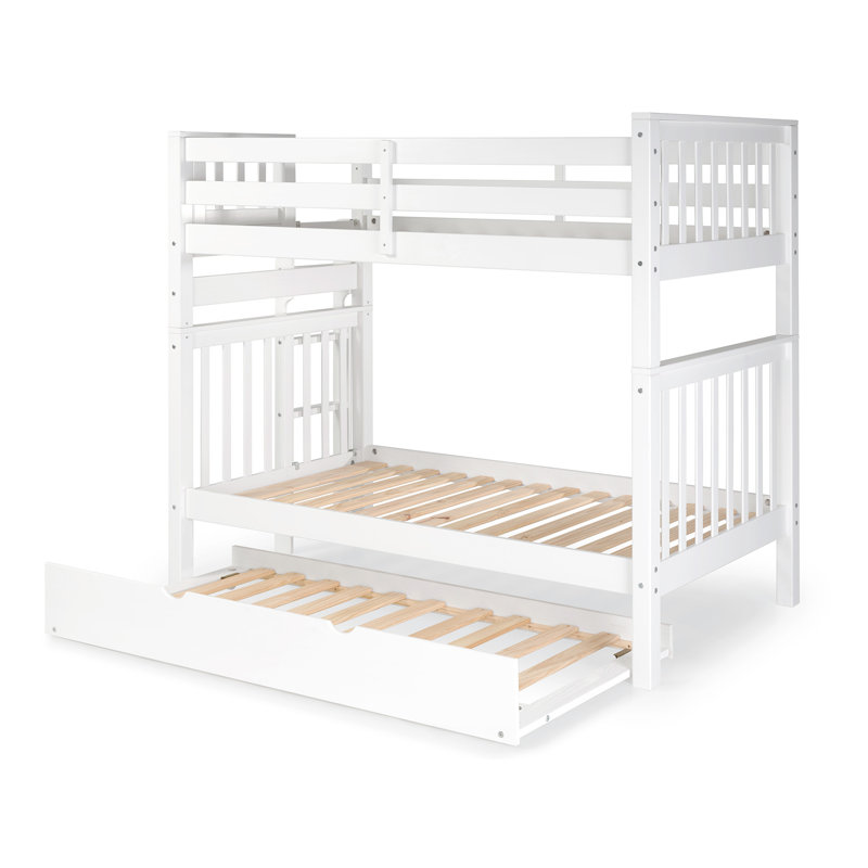 Treva Tall Solid Wood Standard Bunk Beds Twin over Twin, 4 Step Ladder, Twin Trundle, White, Twin Over Twin with Twin Trundle