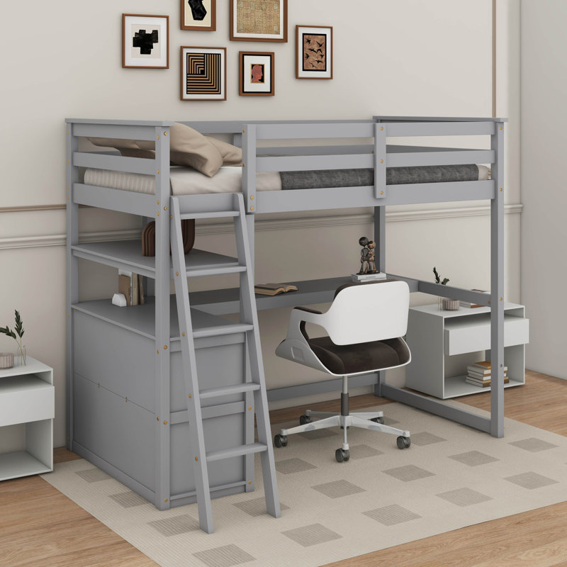 Lit mezzanine simple avec bureau et tablettes, Gris