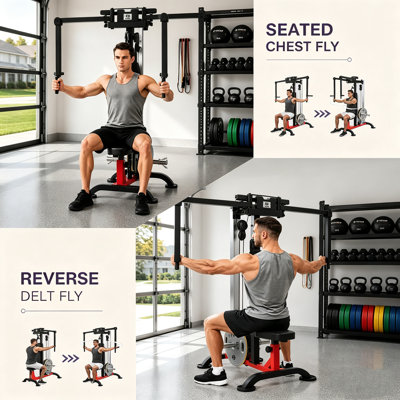 Appareil de musculation 3 en 1 pour les pectoraux, avec bras réglables pour les écartés couchés, les écartés inversés et les crunchs à la poulie, équipement de musculation compact pour la maison.