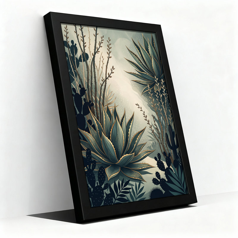 Art mural sur toile bleu sarcelle, agave et cactus avec détails dorés, H 36 po x l 24 po