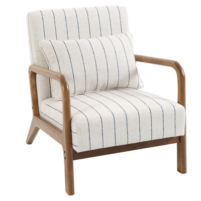 Modern Solid Wood Accent Chair with Curved Arms  Lumbar Pillow Natural linen Blend Fabric