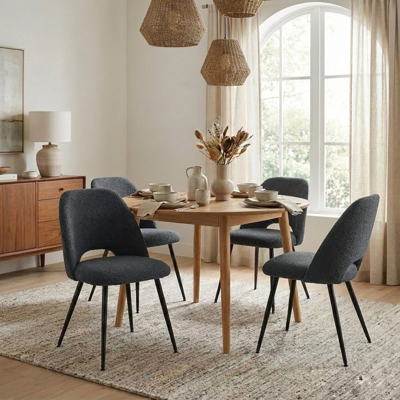 Fabric Upholstered Dining Chair with Open Back, Boucle gris foncé
