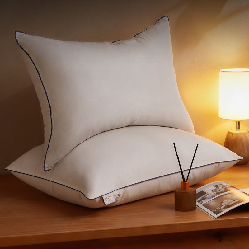 Oreiller de soutien moelleux en duvet et plumes d'oie Freman (lot de 2), Grand lit, Blanc / Bleu marine