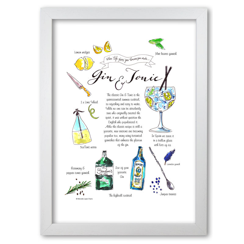 Gin And Tonic Recipe - Print, 29.7 cm H x 21 cm W x 5 cm D, White Grain
