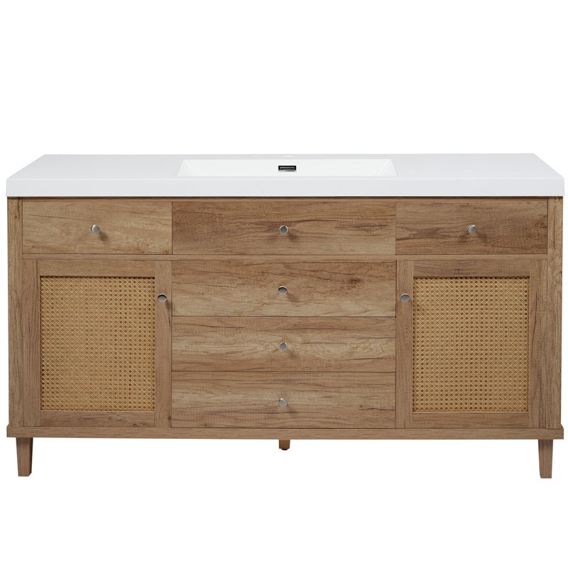 Meuble-lavabo de 60 po avec lavabo SMC, grande armoire de rangement moderne avec tiroirs à fermeture en douceur, boutons en métal argenté et 5 pieds en pin
