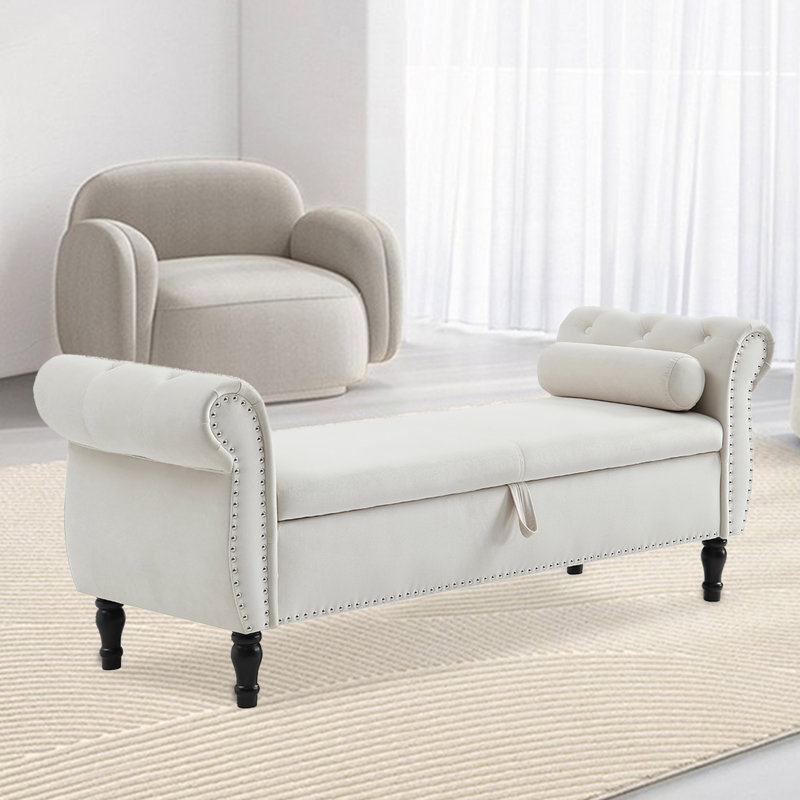 Tabouret de rangement en velours de 63 po avec coussin Fotina, Beige