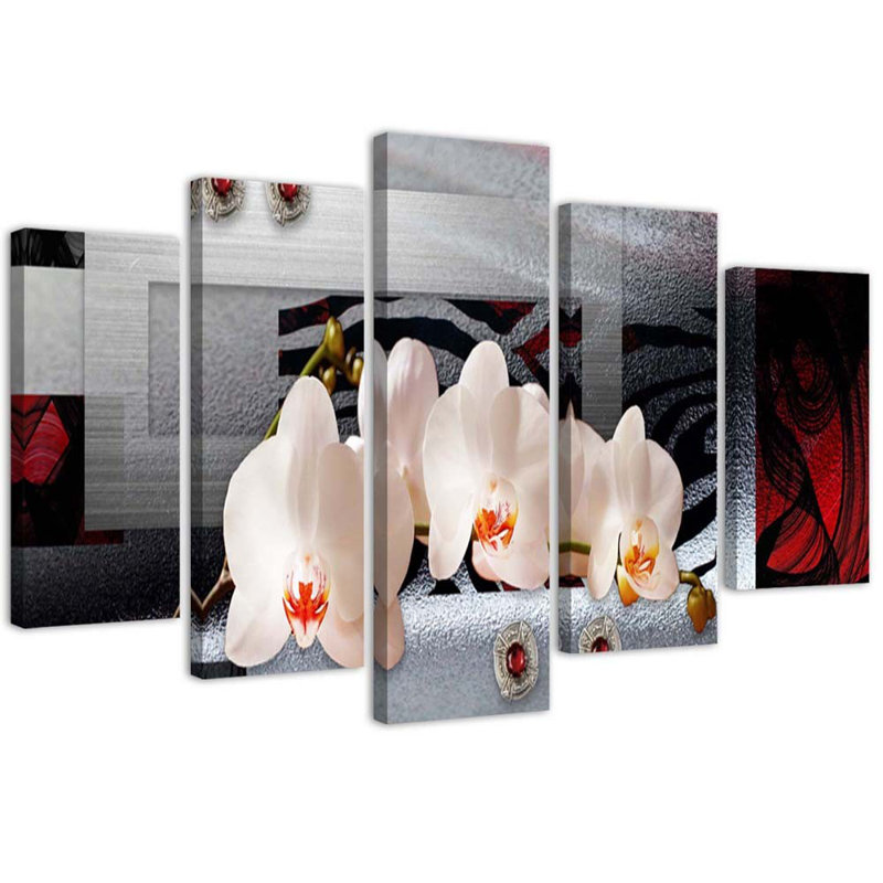 Abstract White Orchid - 5 Piece Wrapped Canvas Print, 100cm H x 200cm W