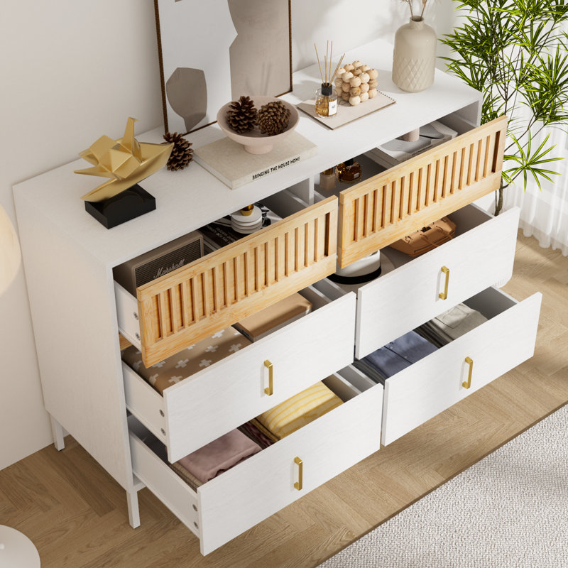 Cejas 46.3" W 6-Drawer Bamboo Double Dresser, White