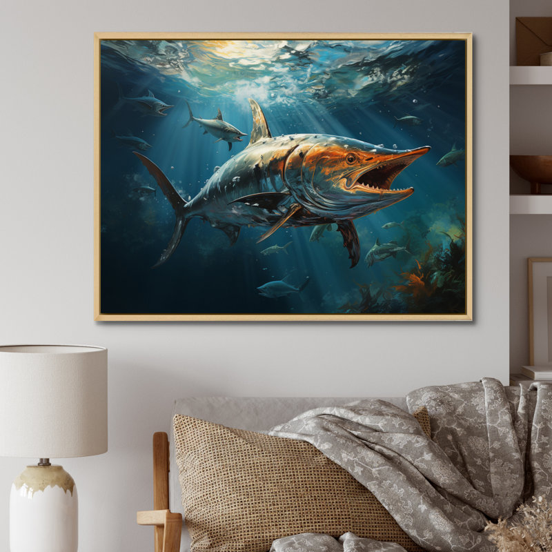 " Fishing Majestic Marlins Jumping III ", Natural Floater Framed, 34" H x 44" W x 1.5" D