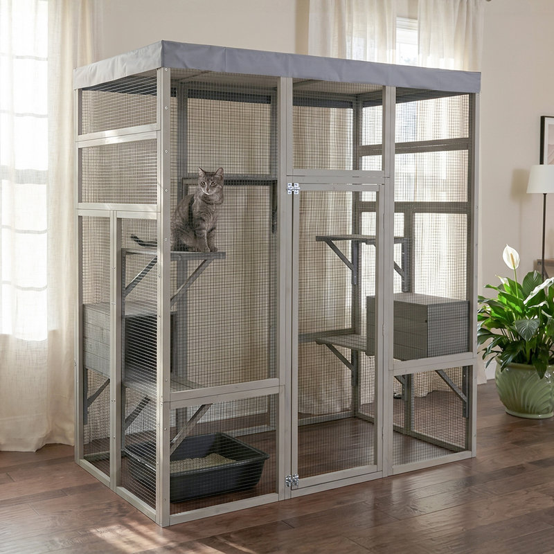 Enceinte grise pour animaux en bois avec dessus imperméable, cage pour chat et petits animaux, 1 pièce