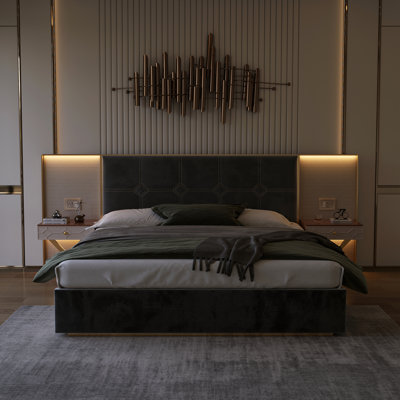 YDT Luxurious King Platform Bed Frame, Velvet Upholstered with Metal Headboard, 2 Wall Lamps and Bedside Table, Black