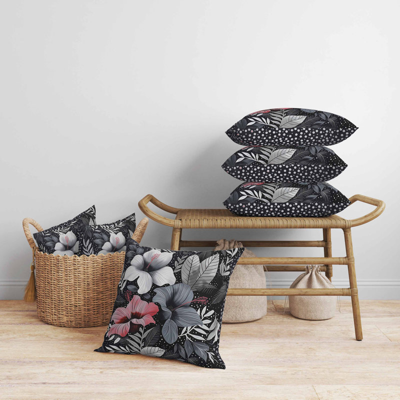 Coussin en suède à motif floral, Gris, Carré 26 po