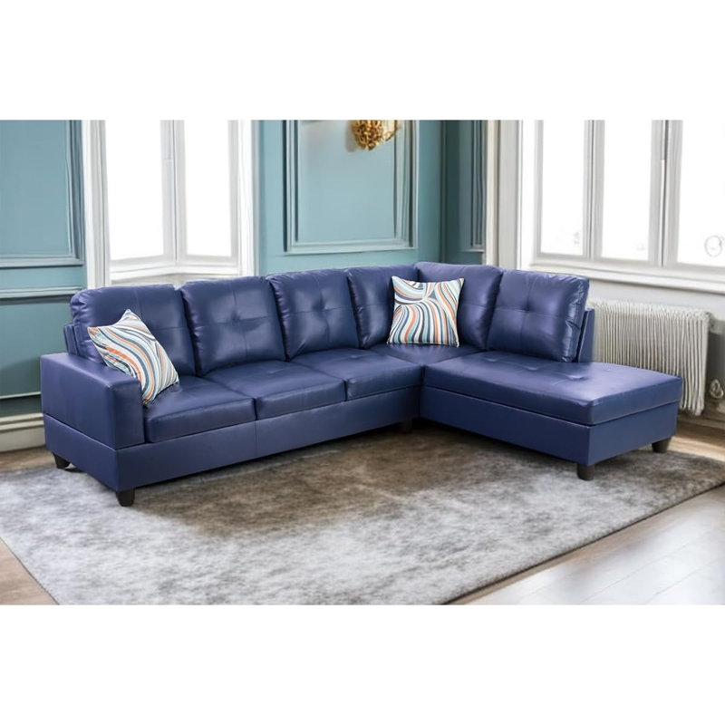 Bawan Faux Leather L-Shaped Sectional, Right Hand Facing, Navy Faux Leather
