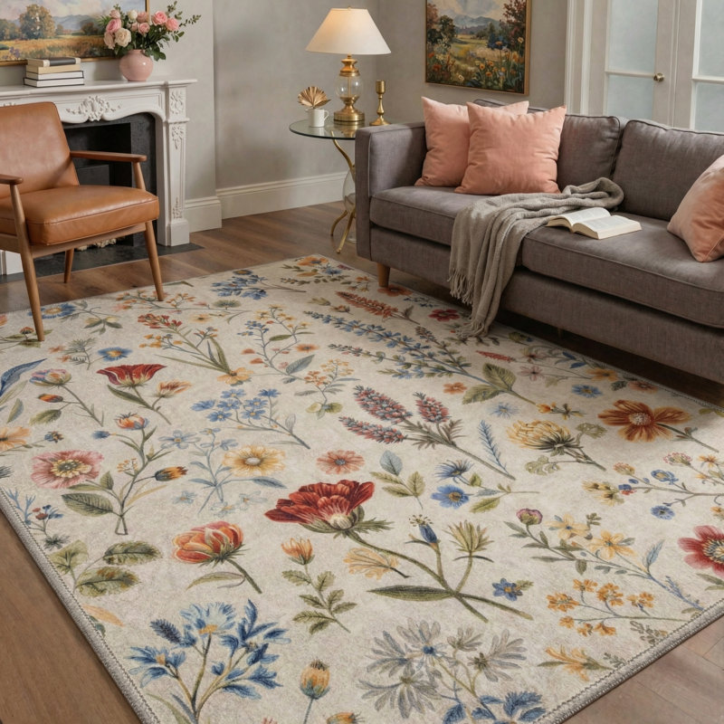 Cogswell Floret Floral Machine Washable Beige Indoor Area Rug with Non-Slip Backing, Round 5'