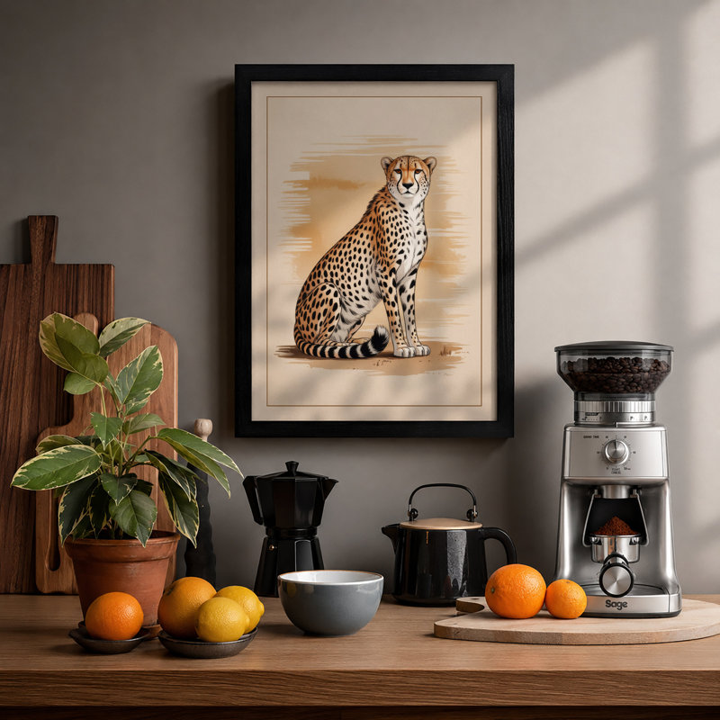 Seated Cheetah Boho - Framed Print, A3 - 42.0 x 29.7 cm, Black