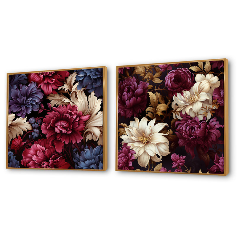 Laine - Ensemble de 2 collages floraux carrés, Cadre flottant doré, H 16 po x l 33 po