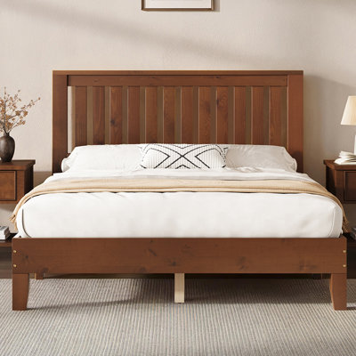  Murphie Mid-Century Solid Wood Platform Queen Bed Frame With Grille Headboard, Brown