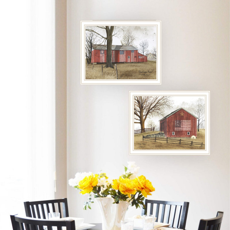 Tendance décorative 4U 2 pièces vignette All American Barns, art mural blanc encadré pour le salon, Blanc