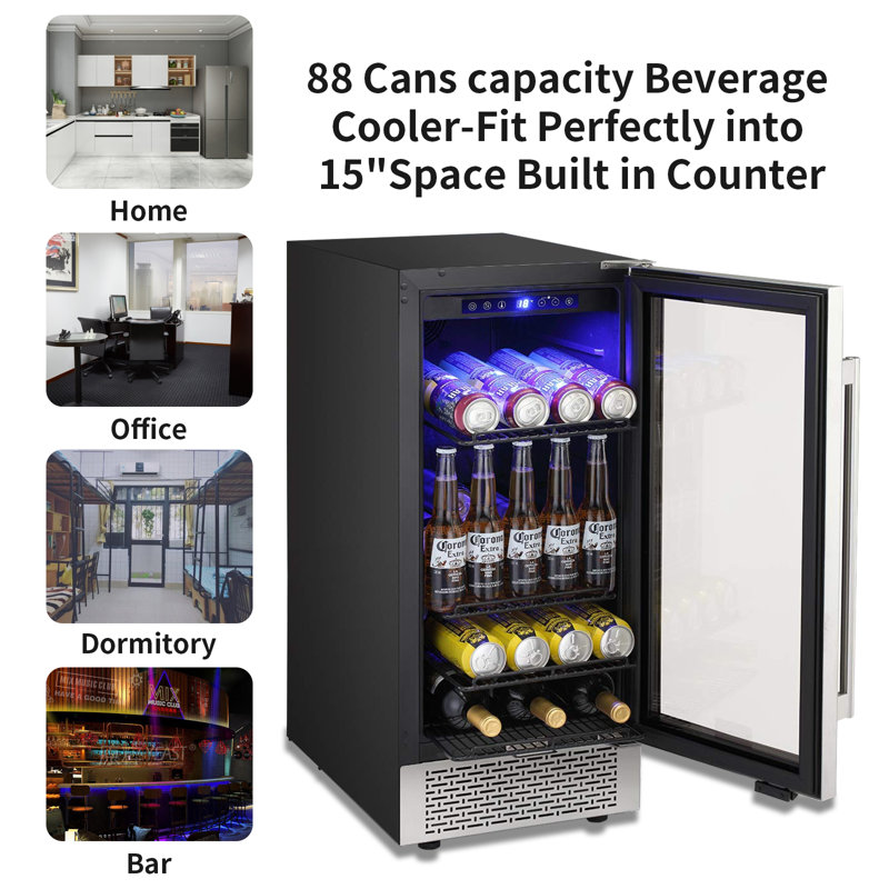 KELIVOL 14.9'' W Freestanding 88 Cans (12 oz.) 3.8 Cubic Feet Beverage Cooler with Wine Storage and Glass Door