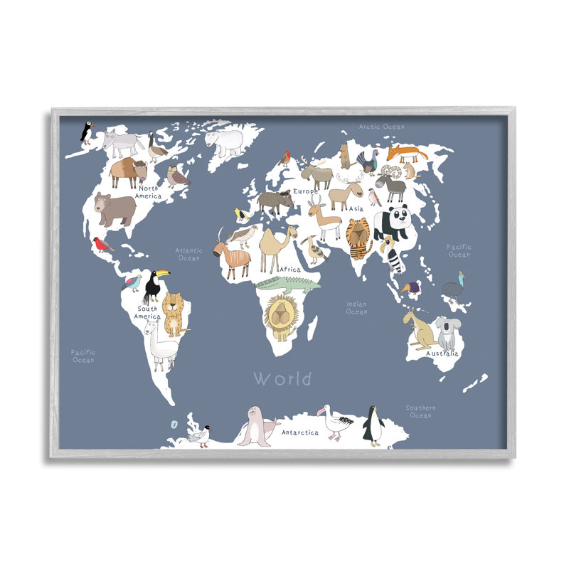 Adorable carte du monde des animaux, lion tigre, ours - impression, H 11 po x l 14 po x P 1,5 po, Estampe numérique Farmhouse