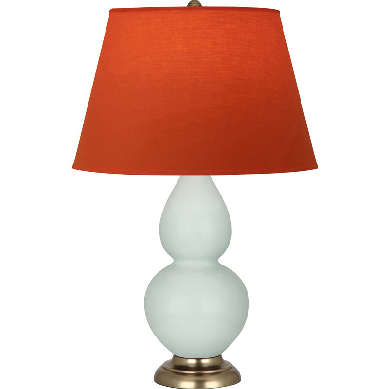 Lampe de table double gourde en céramique, Céladon glacé / laiton, Tangerine / doublure taupe, Laiton