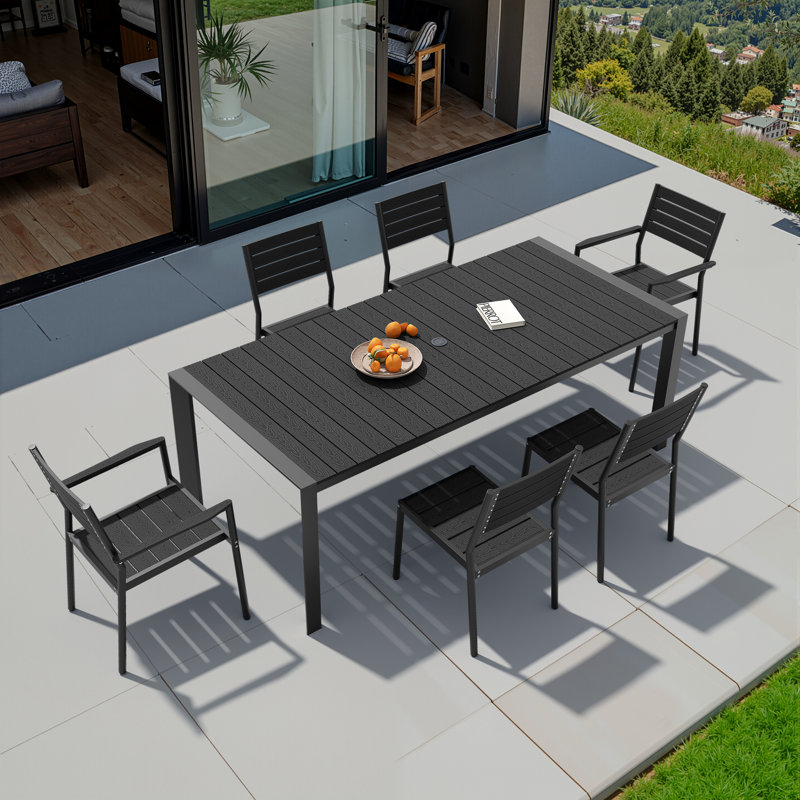 6 - Person Rectangular Aluminum Dining Set with Umbrella Hole, Stacking Armless and Armed Chairs, Black/Black