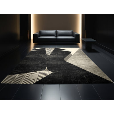 Tapis géométrique rétro gris lavable à la machine Honn