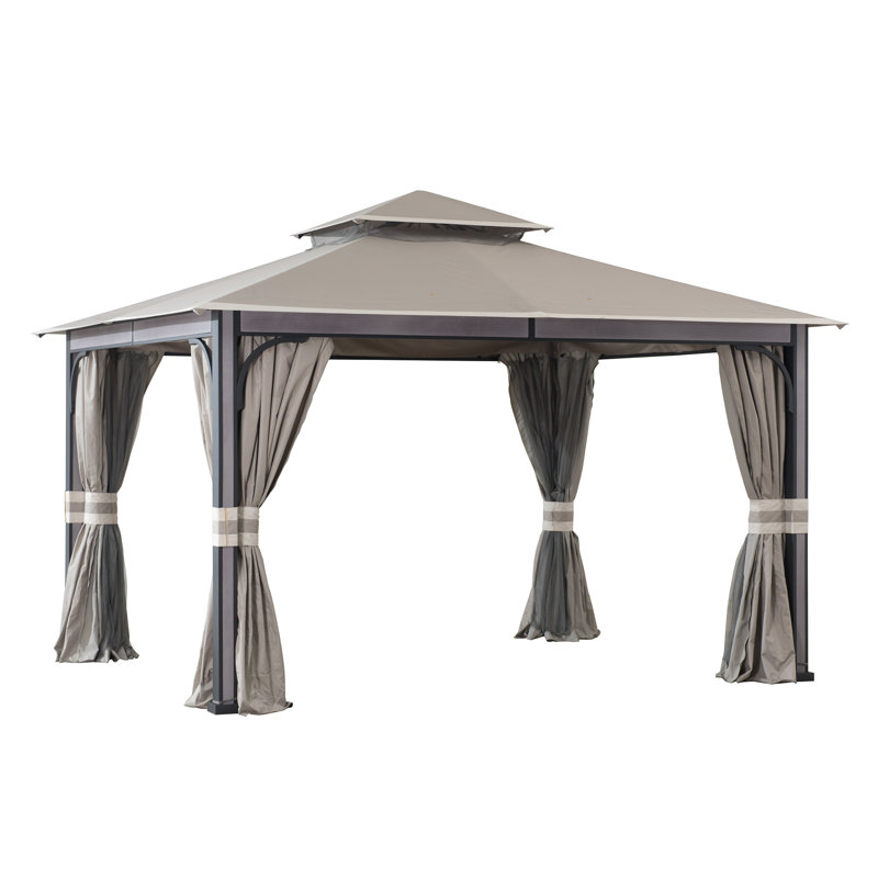 Light Gray 11 x 13 ft. Steel Frame 2-Tier Gazebo with Netting and Curtains