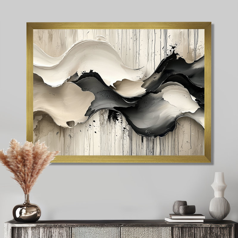 Gris sur fond blanc l'encre rythmique de la rivière Ink II - vagues modernes abstraites, H 34 po x l 44 po