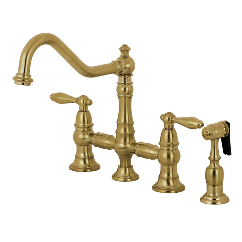 Restoration Bridge Faucet With Side Spray, Satin Brass