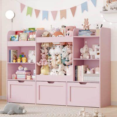 61" W Kids Toy Storage Organizer With Bookshelf, Toy Organizer With Stuffed Animal Storage, 3 Movable Toy Box, 4 Storage Compartments And 3-tier Book by Latitude Run