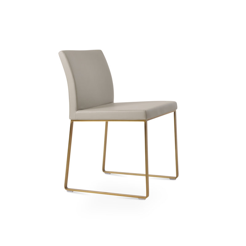 Aria Metal Upholstered Back Dining Chair, Light Gray Leatherette, Brass