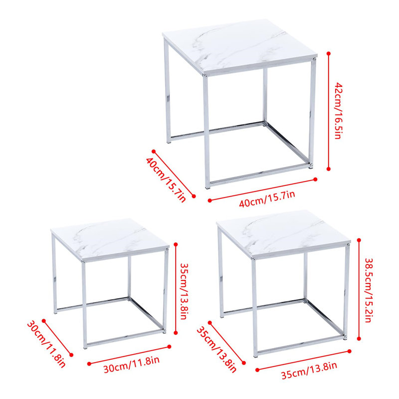 Living Room Nesting Coffee Table Set Of 3 High Glossing Marble Effect, Small Square Side Sofa Table 3 In 1 Nested Table Corner Little End Table Stackable Tabletop With Chrome Frame