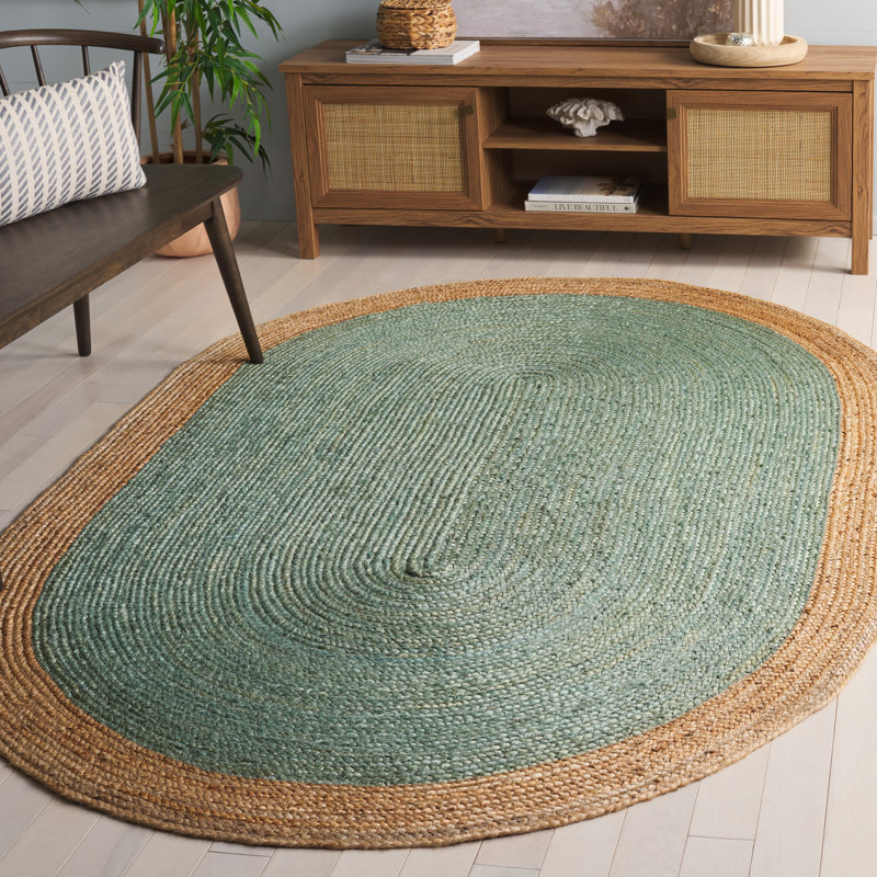 Alexina Hand-Woven Natural Jute Solid Color Area Rug, Ovale 5 pi x 8 pi, Aqua/Natural