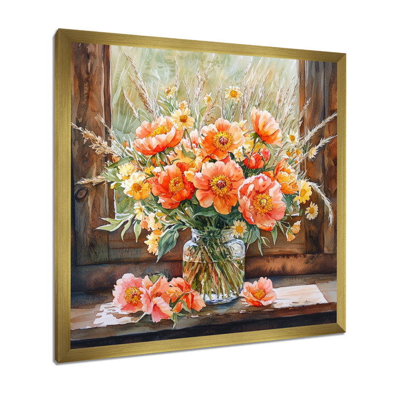 Art sur toile, pivoines sauvages à la ferme II - pivoines, H 36 po x l 36 po, Reproduction encadrée d'une seule photo, Doré