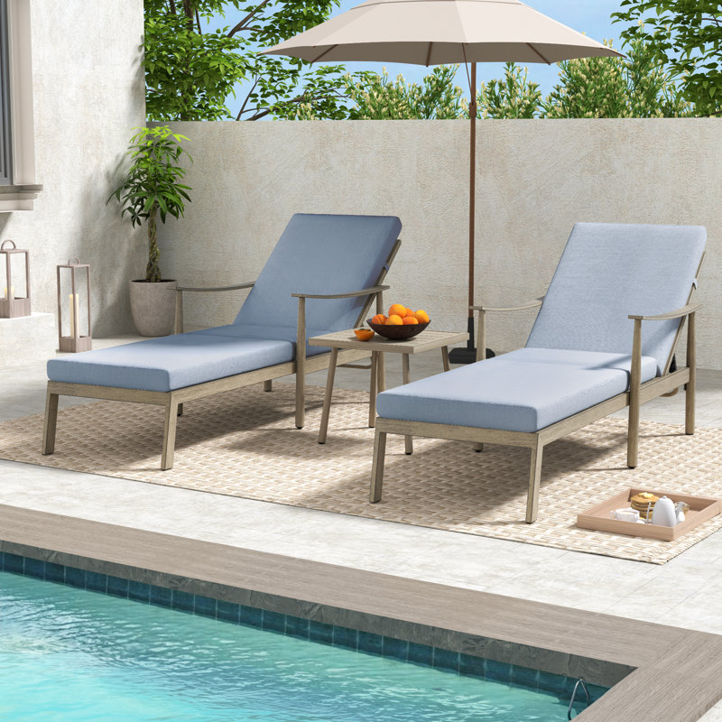 Chaise longue de patio en aluminium 2 pièces avec table d'appoint et coussins, Coussin bleu / cadre brun clair