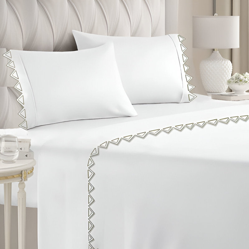 Ashley 400TC Cotton Traingle Embroidery Cotton 4 Piece Sheet Set Fitted Sheet Fits Upto 16" Deep Pocket, Sage