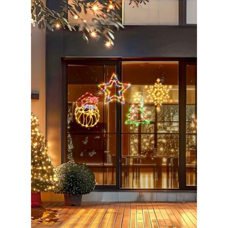 4 Pack Christmas Window Silhouette Lights Decorations, Santa Claus, Xmas Trees, Snowflake, And Star Window Silhouette With 50 Bulbs For Holiday Indoor Wall Door Glass Decorations