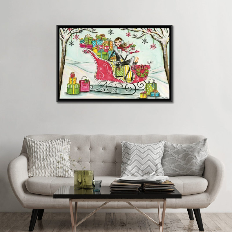 «Holiday Series: Santa's Sleigh», reproduction d'art sur toile tendue, Toile avec cadre noir, Pas de tapis